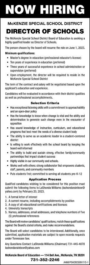 Mssd Hiring Director Of Schools The Mckenzie Banner